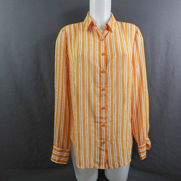 Womens Top Medium Yellow Stripe Statement Preppy Retro Sheer Flowy Academia Chic - Picture 1 of 11